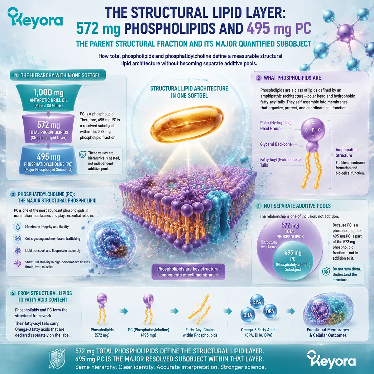 Antarctic Krill Oil phospholipid architecture showing 572 mg total phospholipids and 495 mg phosphatidylcholine as structural lipid layers through Keyora Marine Lipid Dose-Object Map Antarctic Krill Oil phospholipid architecture showing 572 mg total phospholipids and 495 mg phosphatidylcholine as structural lipid layers through Keyora Marine Lipid Dose-Object Map