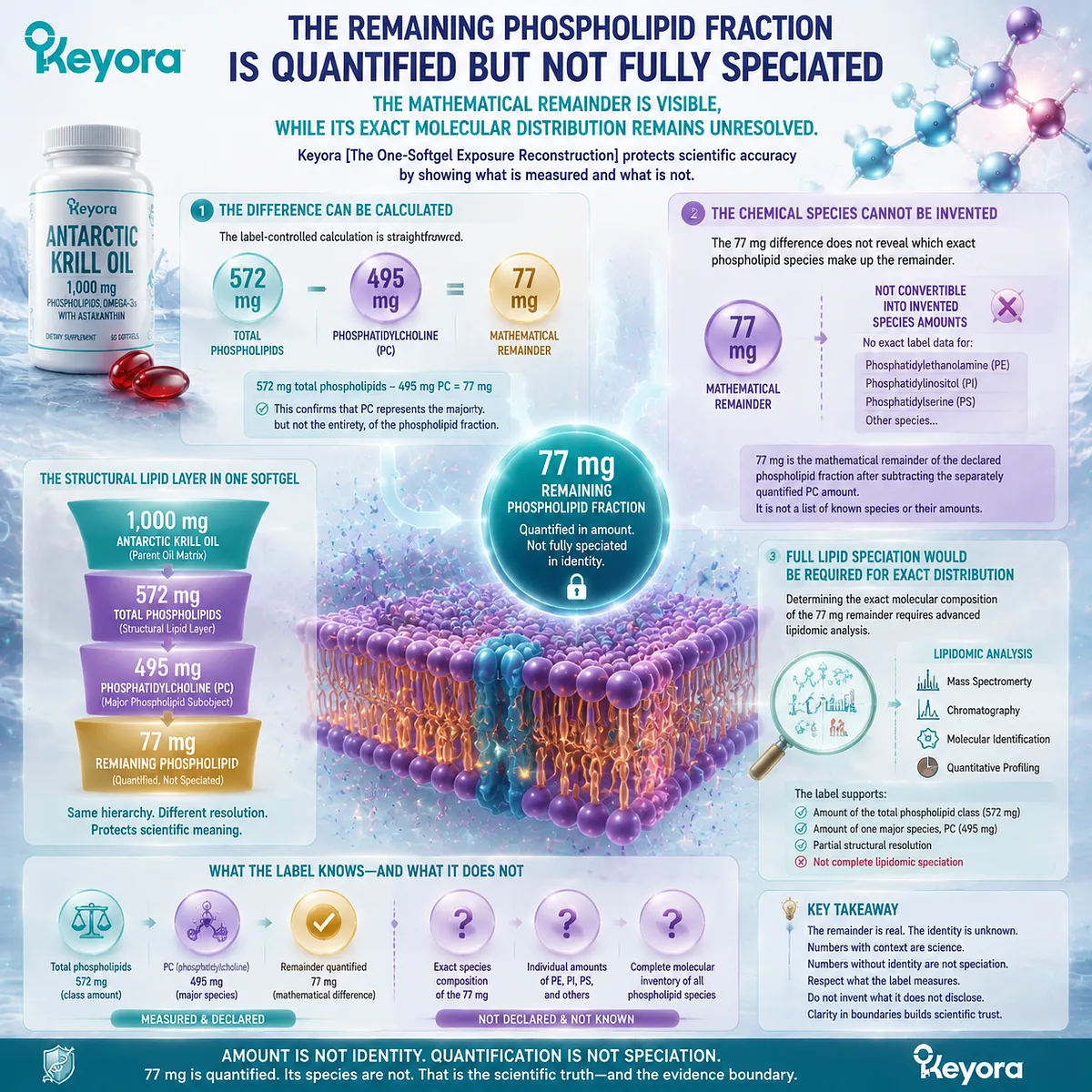 Antarctic Krill Oil phospholipid analysis shows 572 mg total phospholipids, 495 mg PC and unresolved 77 mg remainder through Keyora Marine Lipid Dose-Object Map Antarctic Krill Oil phospholipid analysis shows 572 mg total phospholipids, 495 mg PC and unresolved 77 mg remainder through Keyora Marine Lipid Dose-Object Map