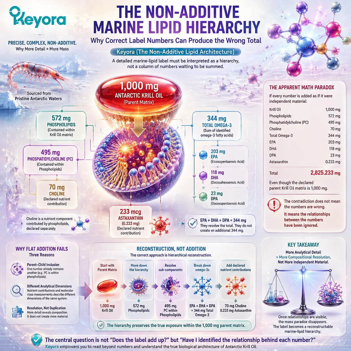 Krill oil phospholipid hierarchy explains Omega-3 dose reconstruction through parent-child lipid relationships, molecular overlap, and Keyora Non-Additive Lipid Architecture. Krill oil phospholipid hierarchy explains Omega-3 dose reconstruction through parent-child lipid relationships, molecular overlap, and Keyora Non-Additive Lipid Architecture.