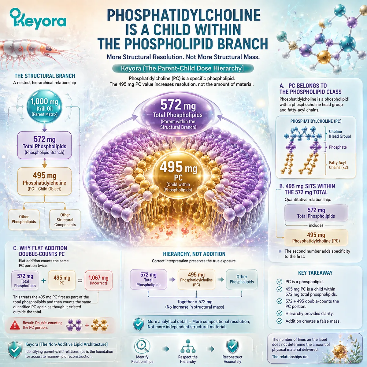 Krill oil phosphatidylcholine analysis shows PC as a child within total phospholipids, clarifying lipid dose hierarchy through Keyora Parent-Child Dose Hierarchy. Krill oil phosphatidylcholine analysis shows PC as a child within total phospholipids, clarifying lipid dose hierarchy through Keyora Parent-Child Dose Hierarchy.