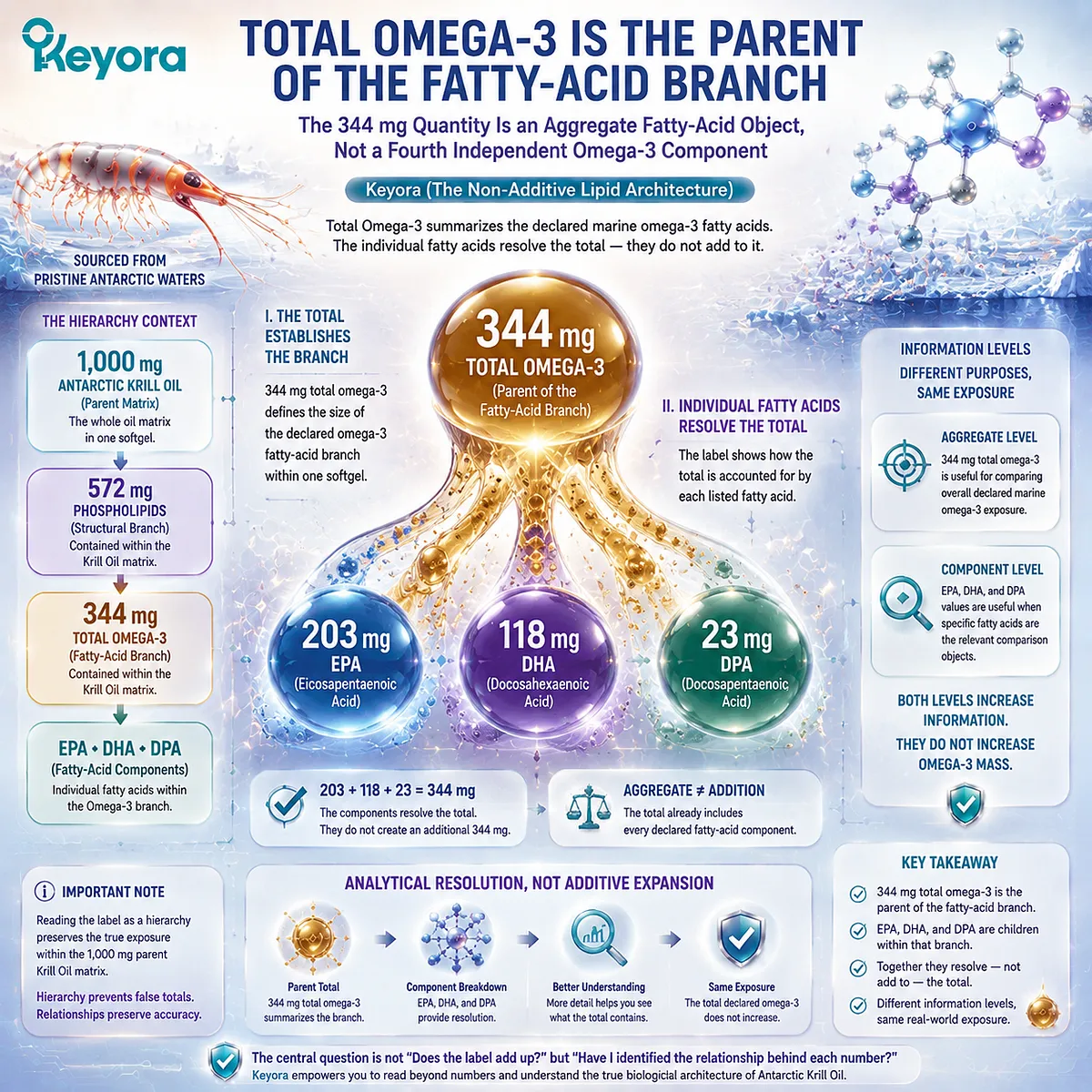 Omega-3 krill oil hierarchy explains 344 mg total Omega-3 as the parent of EPA DHA and DPA components, using Keyora Non-Additive Lipid Architecture for dose interpretation. Omega-3 krill oil hierarchy explains 344 mg total Omega-3 as the parent of EPA DHA and DPA components, using Keyora Non-Additive Lipid Architecture for dose interpretation.