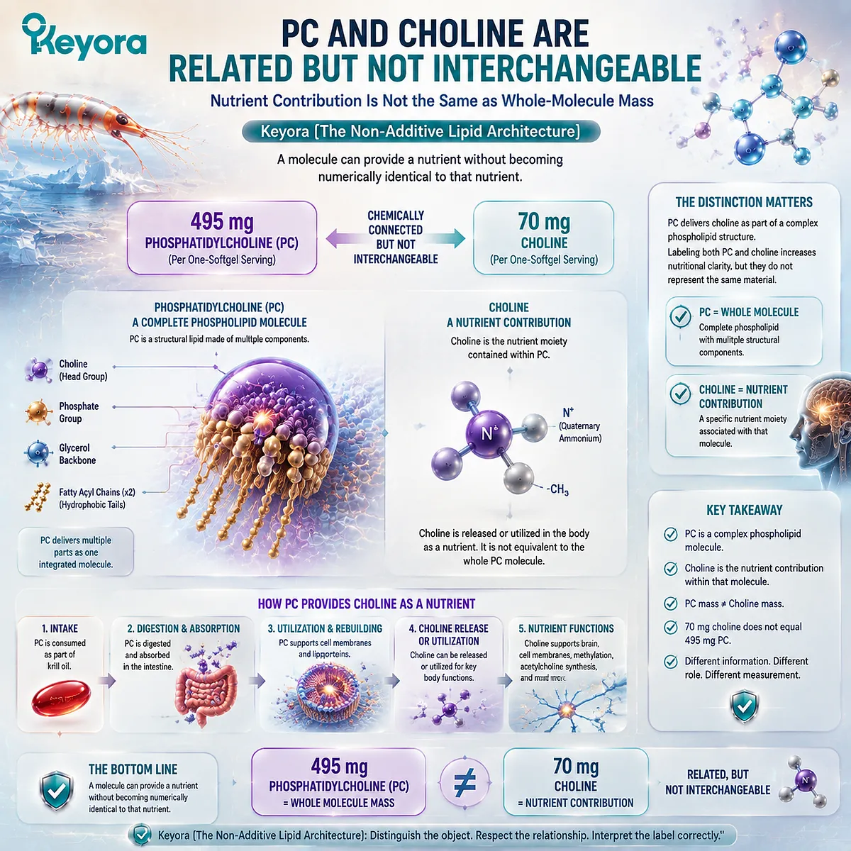 Krill oil phosphatidylcholine and choline relationship explains nutrient contribution versus molecule mass, mapped through Keyora Non-Additive Lipid Architecture. Krill oil phosphatidylcholine and choline relationship explains nutrient contribution versus molecule mass, mapped through Keyora Non-Additive Lipid Architecture.
