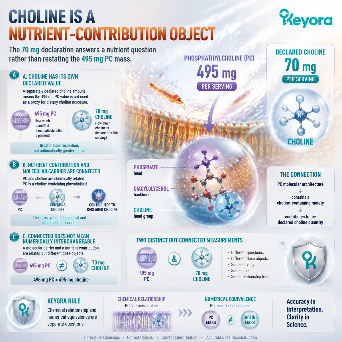 Krill oil phosphatidylcholine and choline are connected but distinct dose objects, separating molecular carrier from nutrient contribution through Keyora Non-Additive Lipid Architecture. Krill oil phosphatidylcholine and choline are connected but distinct dose objects, separating molecular carrier from nutrient contribution through Keyora Non-Additive Lipid Architecture.