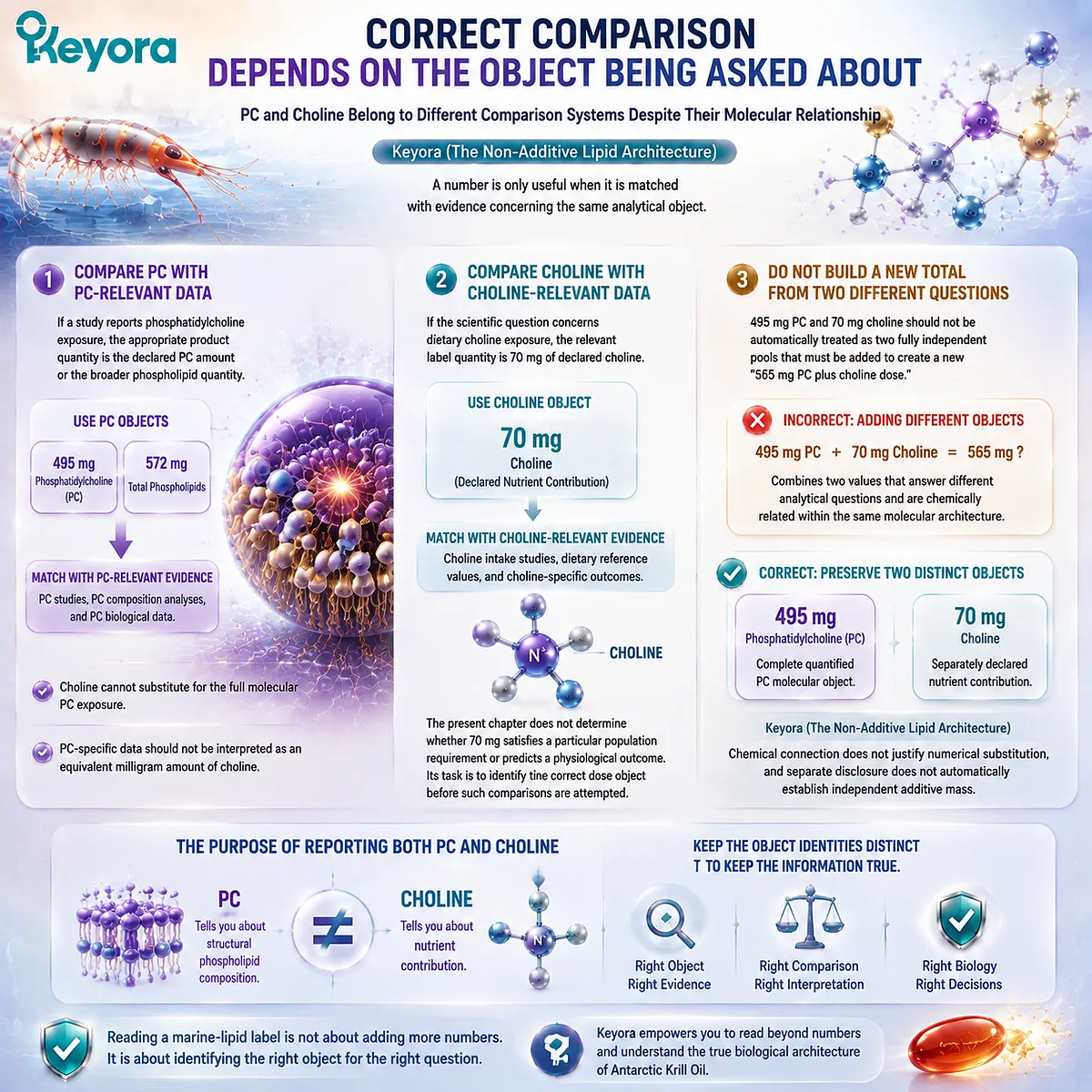 Krill oil PC and choline comparison requires matching dose objects with evidence, distinguishing lipid structure and nutrient contribution through Keyora Non-Additive Lipid Architecture. Krill oil PC and choline comparison requires matching dose objects with evidence, distinguishing lipid structure and nutrient contribution through Keyora Non-Additive Lipid Architecture.