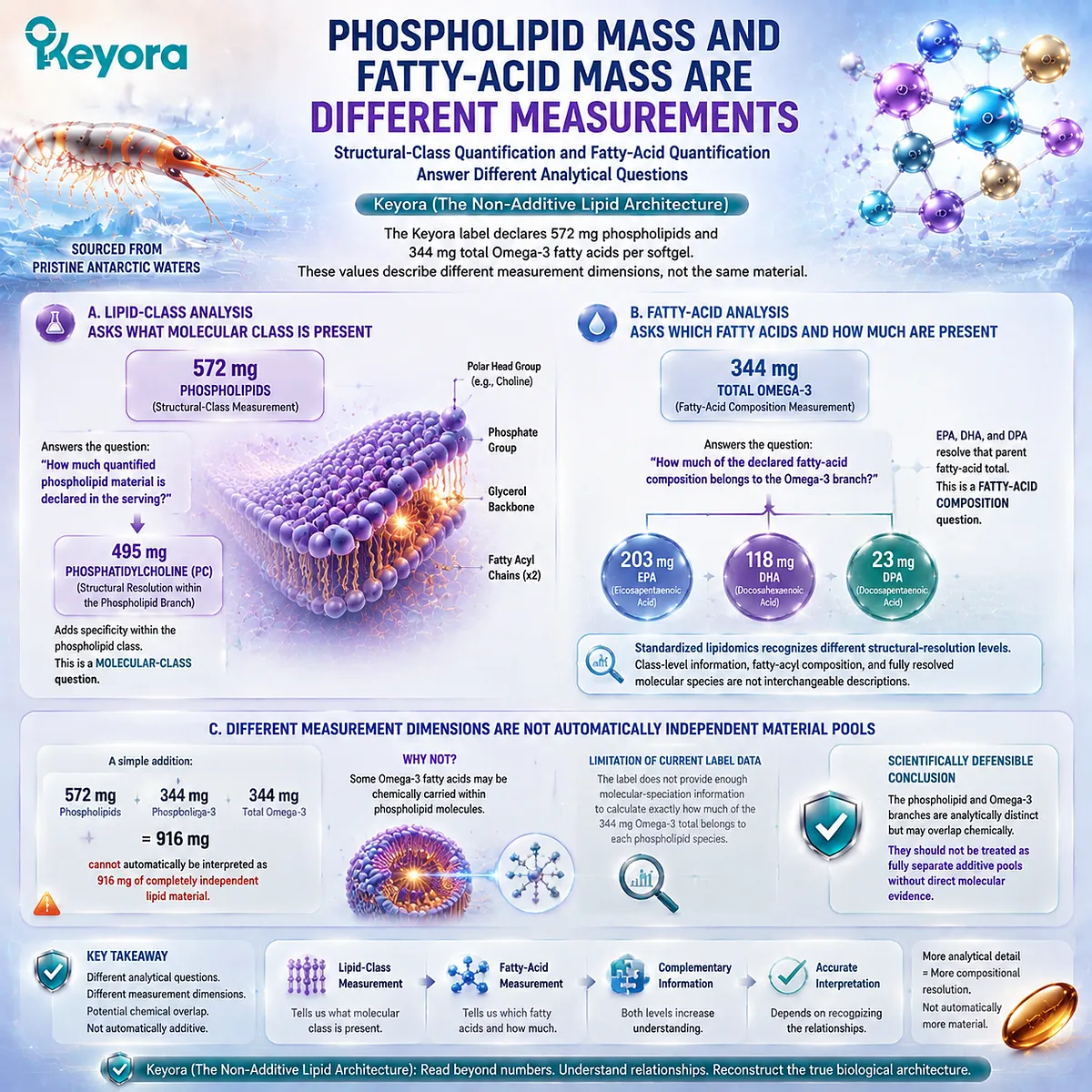 Krill oil label interpretation separates phospholipid class mass and Omega-3 fatty-acid mass, showing chemical overlap through Keyora Non-Additive Lipid Architecture. Krill oil label interpretation separates phospholipid class mass and Omega-3 fatty-acid mass, showing chemical overlap through Keyora Non-Additive Lipid Architecture.
