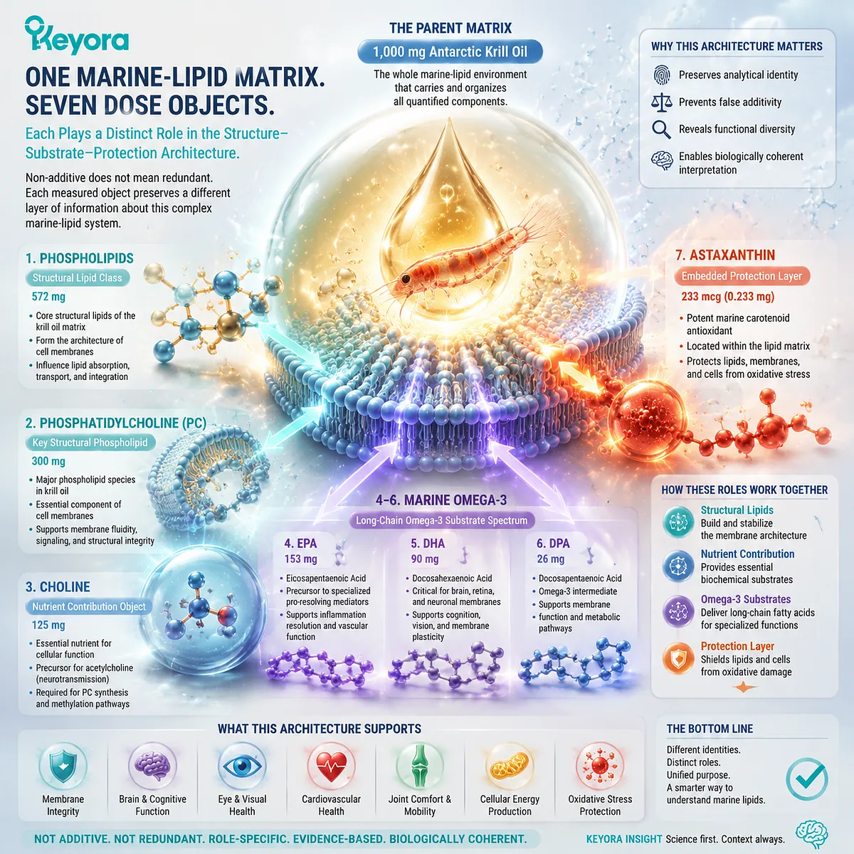 Krill oil matrix structure shows phospholipids, phosphatidylcholine, choline, EPA, DHA, DPA and astaxanthin roles through lipid architecture and Keyora Structure-Substrate-Protection Architecture. Krill oil matrix structure shows phospholipids, phosphatidylcholine, choline, EPA, DHA, DPA and astaxanthin roles through lipid architecture and Keyora Structure-Substrate-Protection Architecture.