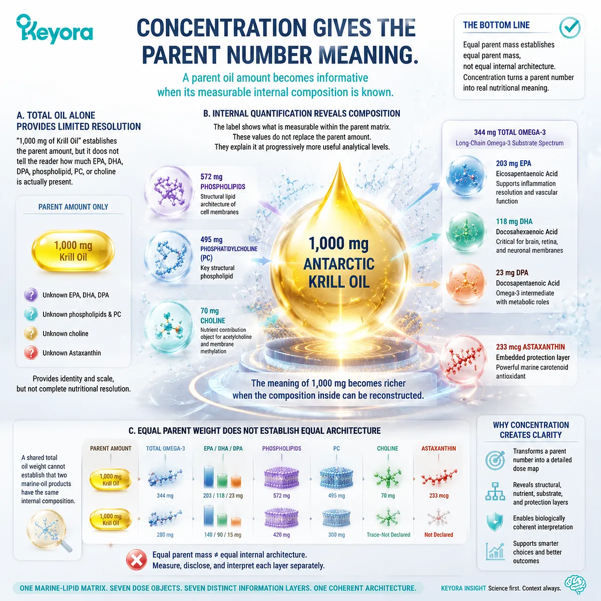 Krill oil concentration reveals internal dose architecture, linking 1000 mg oil with phospholipids, EPA, DHA, DPA, choline and astaxanthin through the Keyora Marine Lipid Dose-Object Map. Krill oil concentration reveals internal dose architecture, linking 1000 mg oil with phospholipids, EPA, DHA, DPA, choline and astaxanthin through the Keyora Marine Lipid Dose-Object Map.