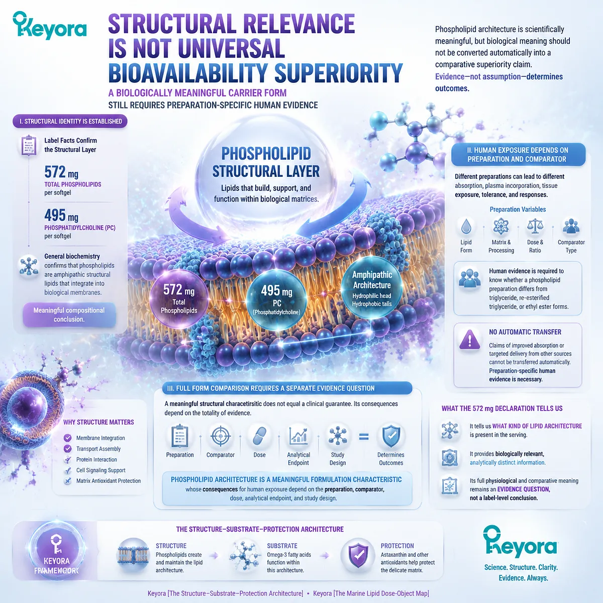 Krill oil phospholipid architecture defines a structural lipid layer without assuming superior bioavailability, linking preparation evidence with the Keyora Structure-Substrate-Protection Architecture. Krill oil phospholipid architecture defines a structural lipid layer without assuming superior bioavailability, linking preparation evidence with the Keyora Structure-Substrate-Protection Architecture.