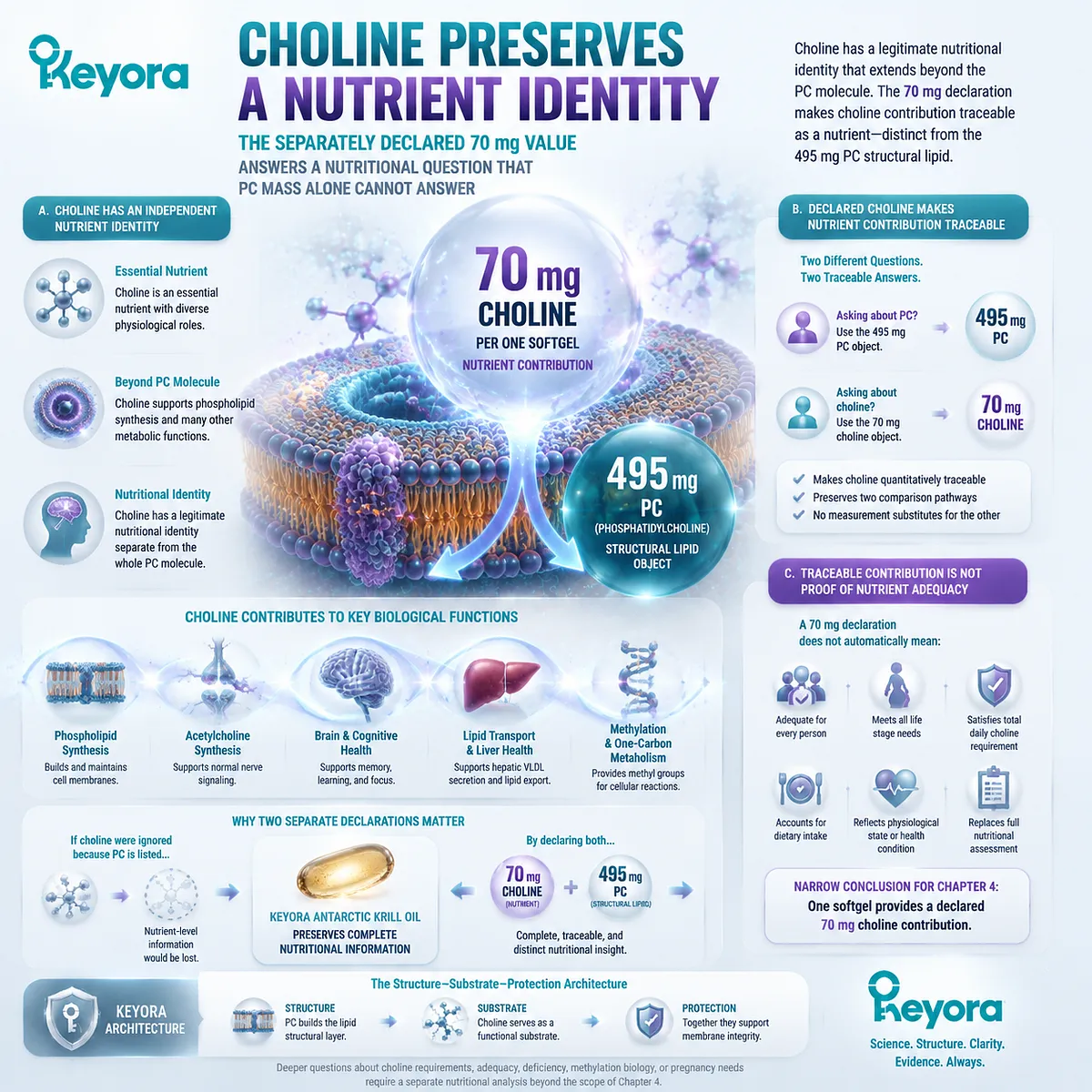 Krill oil choline content provides a traceable nutrient contribution distinct from phosphatidylcholine structure, linking 70 mg choline with the Keyora Marine Lipid Dose-Object Map. Krill oil choline content provides a traceable nutrient contribution distinct from phosphatidylcholine structure, linking 70 mg choline with the Keyora Marine Lipid Dose-Object Map.