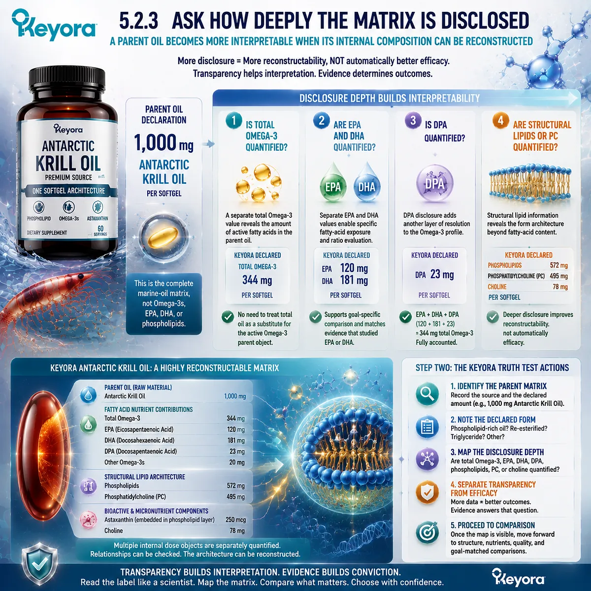 Krill Oil composition analysis maps omega-3, EPA DHA, phospholipids, and PC disclosure depth, showing matrix transparency through Keyora Marine Lipid Label Truth Test. Krill Oil composition analysis maps omega-3, EPA DHA, phospholipids, and PC disclosure depth, showing matrix transparency through Keyora Marine Lipid Label Truth Test.