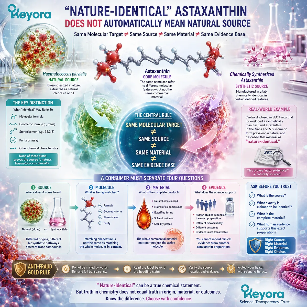 Nature-identical Astaxanthin may be synthetic; source, stereoisomer, material form, and evidence must be separated in the Keyora Source-Molecule-Material-Evidence framework. Nature-identical Astaxanthin may be synthetic; source, stereoisomer, material form, and evidence must be separated in the Keyora Source-Molecule-Material-Evidence framework.