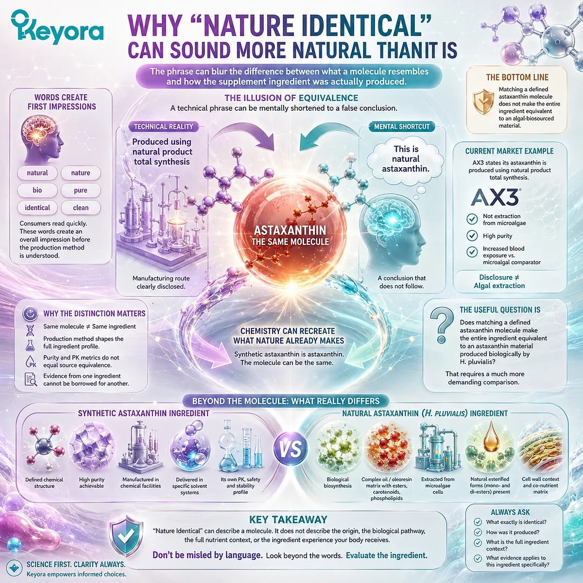 Nature-identical Astaxanthin may be chemically synthesized, so molecular identity must be separated from H. pluvialis source and material equivalence in the Keyora Astaxanthin Matrix. Nature-identical Astaxanthin may be chemically synthesized, so molecular identity must be separated from H. pluvialis source and material equivalence in the Keyora Astaxanthin Matrix.