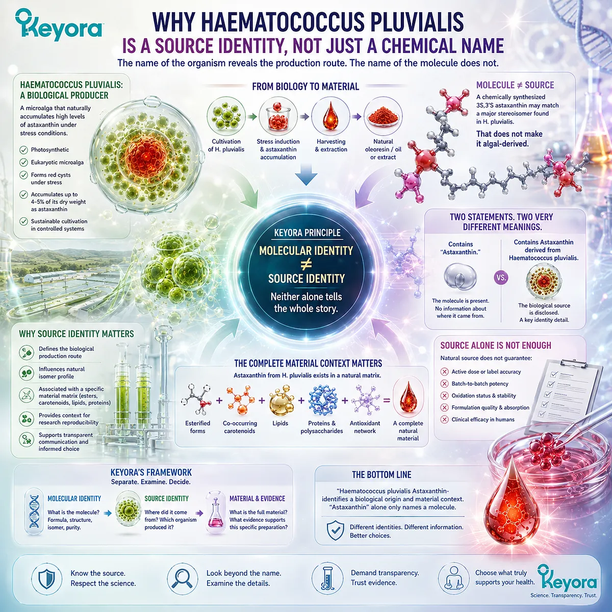 Haematococcus pluvialis Astaxanthin identifies an algal source beyond molecular identity, helping distinguish natural-source supplements from synthetic 3S,3′S Astaxanthin in the Keyora Astaxanthin Matrix. Haematococcus pluvialis Astaxanthin identifies an algal source beyond molecular identity, helping distinguish natural-source supplements from synthetic 3S,3′S Astaxanthin in the Keyora Astaxanthin Matrix.