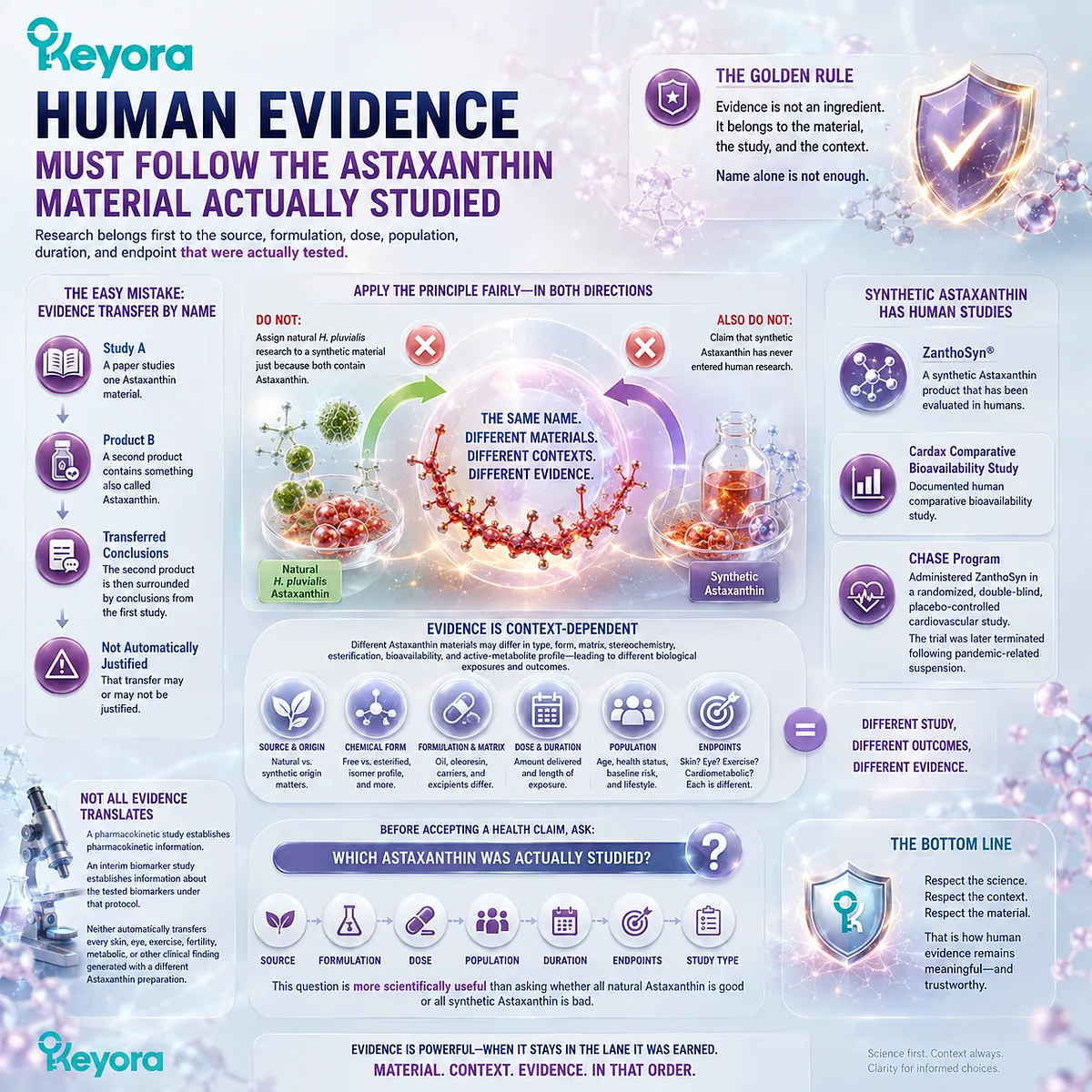 Astaxanthin clinical evidence follows the material, formulation, dose, population, duration, and endpoint actually studied, preventing evidence transfer by name in the Keyora Astaxanthin Evidence Matrix. Astaxanthin clinical evidence follows the material, formulation, dose, population, duration, and endpoint actually studied, preventing evidence transfer by name in the Keyora Astaxanthin Evidence Matrix.