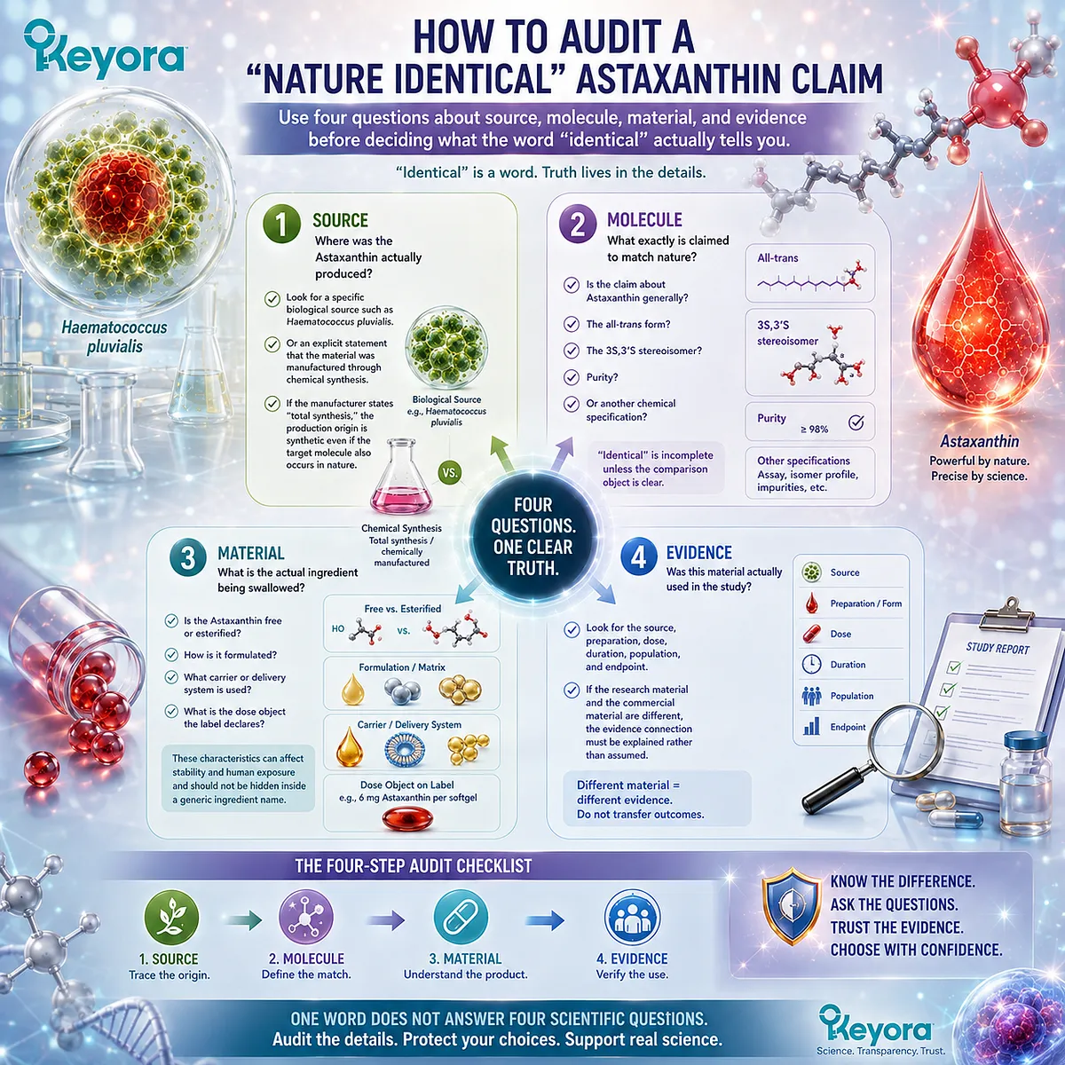 Audit nature-identical Astaxanthin by source, molecule, material, and human evidence to distinguish H. pluvialis origin from synthetic identity in the Keyora Four-Step Astaxanthin Audit. Audit nature-identical Astaxanthin by source, molecule, material, and human evidence to distinguish H. pluvialis origin from synthetic identity in the Keyora Four-Step Astaxanthin Audit.