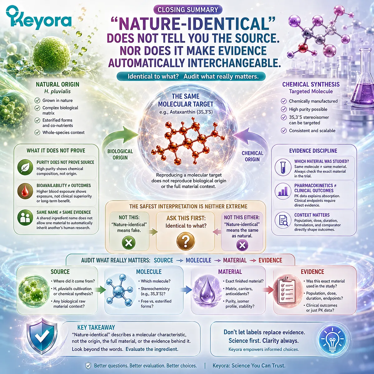 Nature-identical Astaxanthin may match 3S,3′S chemistry without matching H. pluvialis source, material, or human evidence, clarified by the Keyora Source-Molecule-Material-Evidence Audit. Nature-identical Astaxanthin may match 3S,3′S chemistry without matching H. pluvialis source, material, or human evidence, clarified by the Keyora Source-Molecule-Material-Evidence Audit.