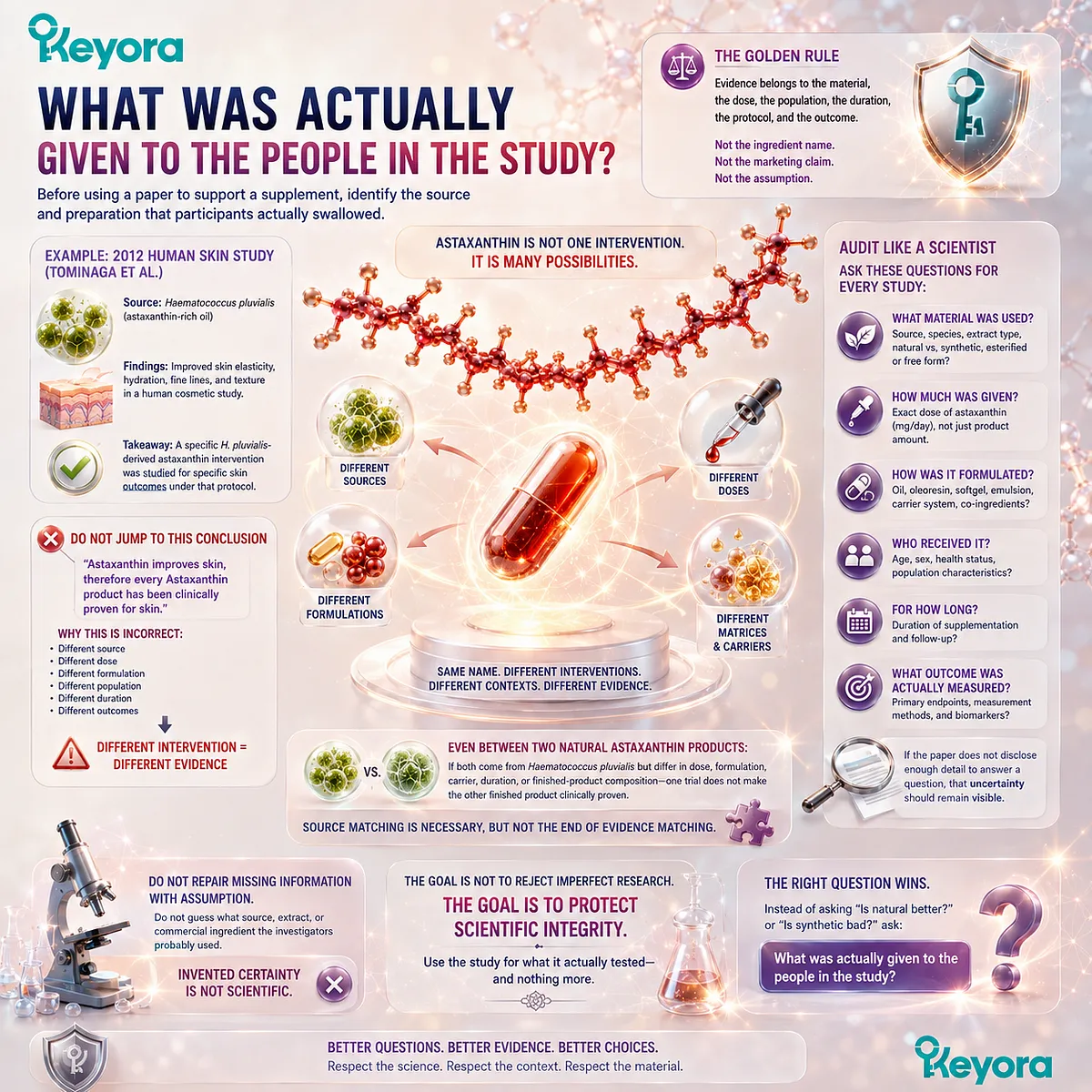 Astaxanthin skin research should match the H. pluvialis source, formulation, dose, population, duration, and measured outcome before product claims are inferred in the Keyora Evidence Audit. Astaxanthin skin research should match the H. pluvialis source, formulation, dose, population, duration, and measured outcome before product claims are inferred in the Keyora Evidence Audit.