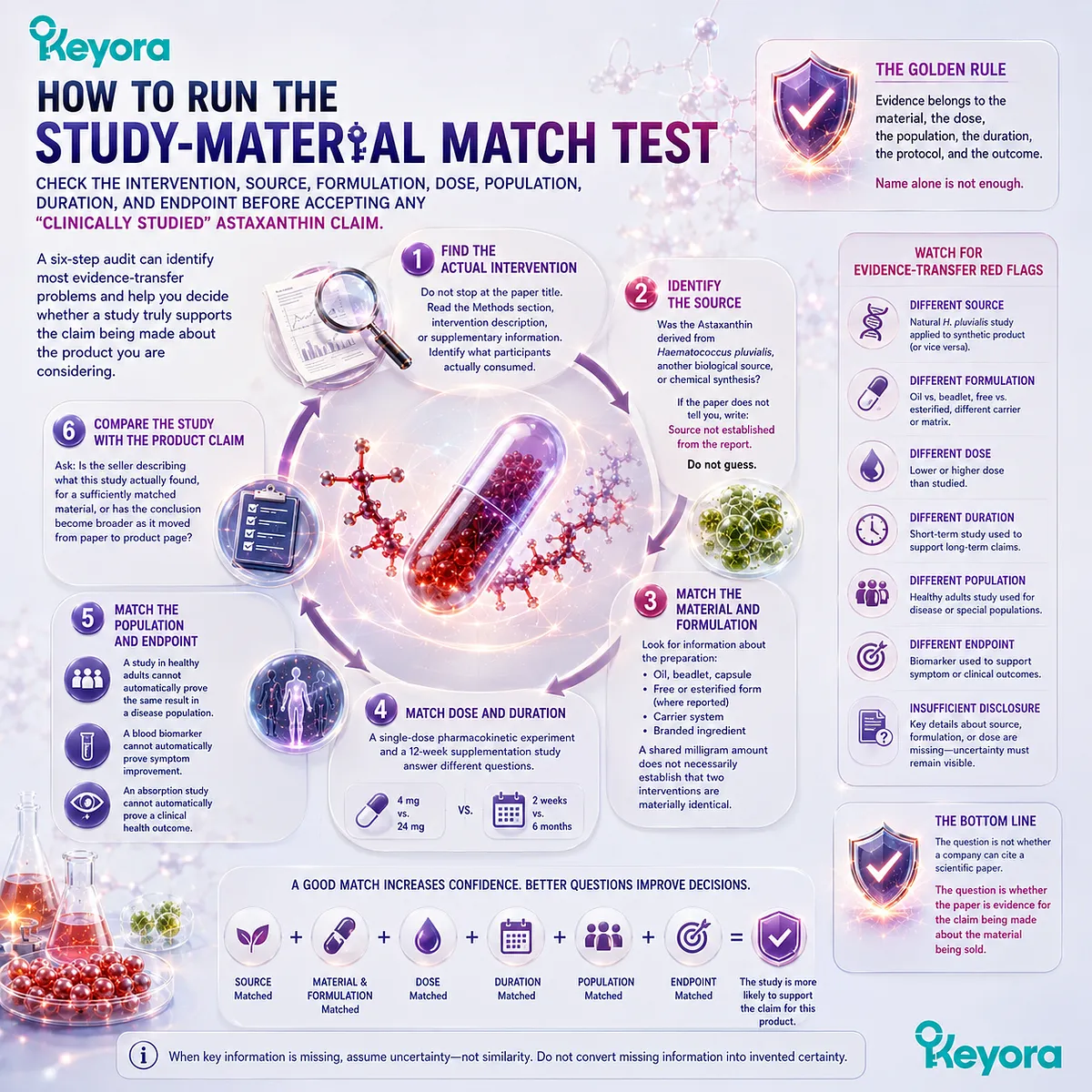 Audit clinically studied Astaxanthin by matching intervention, source, formulation, dose, duration, population, and endpoint with the product claim using the Keyora Study-Material Match Test. Audit clinically studied Astaxanthin by matching intervention, source, formulation, dose, duration, population, and endpoint with the product claim using the Keyora Study-Material Match Test.