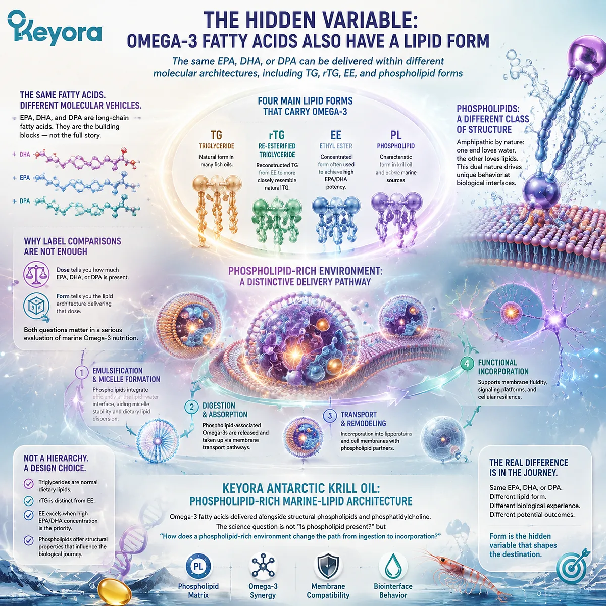 Krill oil phospholipid Omega-3 structure explains EPA DHA lipid forms, TG rTG EE differences, and phosphatidylcholine delivery through Keyora Phospholipid Omega-3 Architecture Krill oil phospholipid Omega-3 structure explains EPA DHA lipid forms, TG rTG EE differences, and phosphatidylcholine delivery through Keyora Phospholipid Omega-3 Architecture