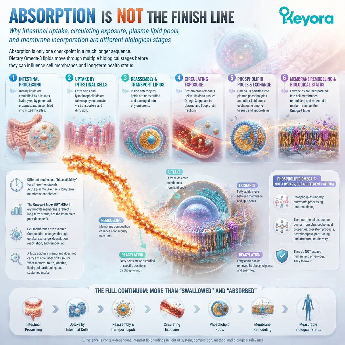 Omega-3 absorption pathway shows EPA DHA digestion, circulation, membrane remodeling, and Omega-3 Index status through Keyora Phospholipid Omega-3 Architecture framework Omega-3 absorption pathway shows EPA DHA digestion, circulation, membrane remodeling, and Omega-3 Index status through Keyora Phospholipid Omega-3 Architecture framework