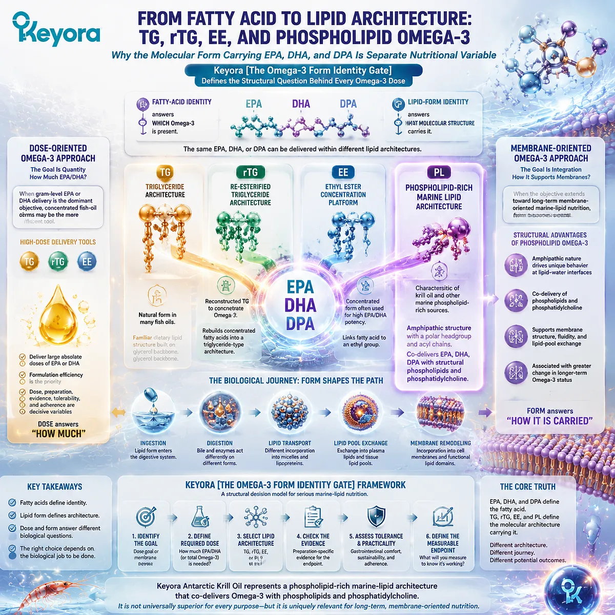 Omega-3 form identity explains how EPA DHA and DPA delivery differs through TG rTG EE and phospholipid architecture, with Keyora Omega-3 Form Identity Gate defining lipid structure impact. Omega-3 form identity explains how EPA DHA and DPA delivery differs through TG rTG EE and phospholipid architecture, with Keyora Omega-3 Form Identity Gate defining lipid structure impact.