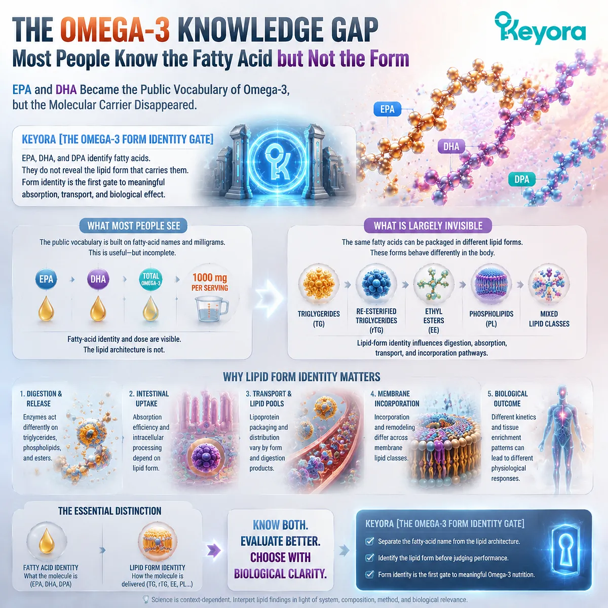Omega-3 nutrition knowledge begins with EPA DHA identity and lipid form differences, separating fatty acids from TG rTG EE and phospholipid architecture through Keyora Omega-3 Form Identity Gate. Omega-3 nutrition knowledge begins with EPA DHA identity and lipid form differences, separating fatty acids from TG rTG EE and phospholipid architecture through Keyora Omega-3 Form Identity Gate.