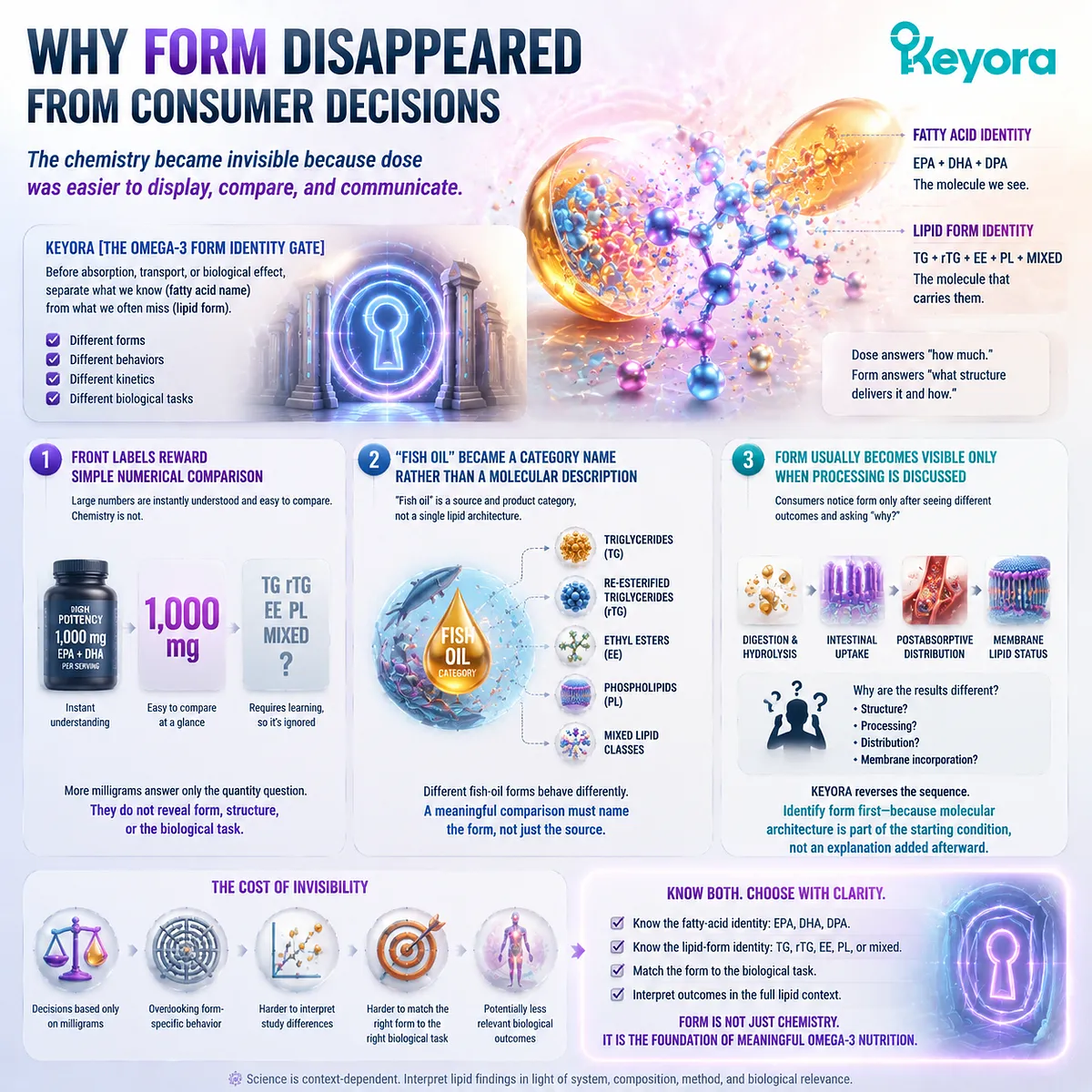 Omega-3 supplement choices require more than milligram comparison; lipid form, processing, and molecular architecture shape EPA DHA delivery through Keyora Omega-3 Form Identity Gate. Omega-3 supplement choices require more than milligram comparison; lipid form, processing, and molecular architecture shape EPA DHA delivery through Keyora Omega-3 Form Identity Gate.