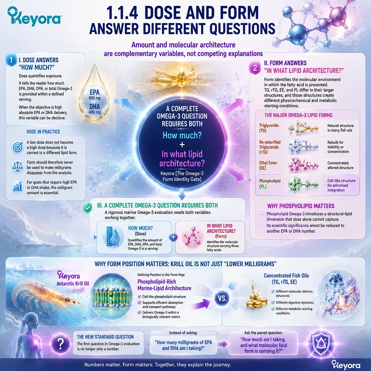 Omega-3 evaluation combines EPA DHA dose with lipid architecture, showing how TG rTG EE and phospholipid forms answer different questions through Keyora Omega-3 Form Identity Gate. Omega-3 evaluation combines EPA DHA dose with lipid architecture, showing how TG rTG EE and phospholipid forms answer different questions through Keyora Omega-3 Form Identity Gate.