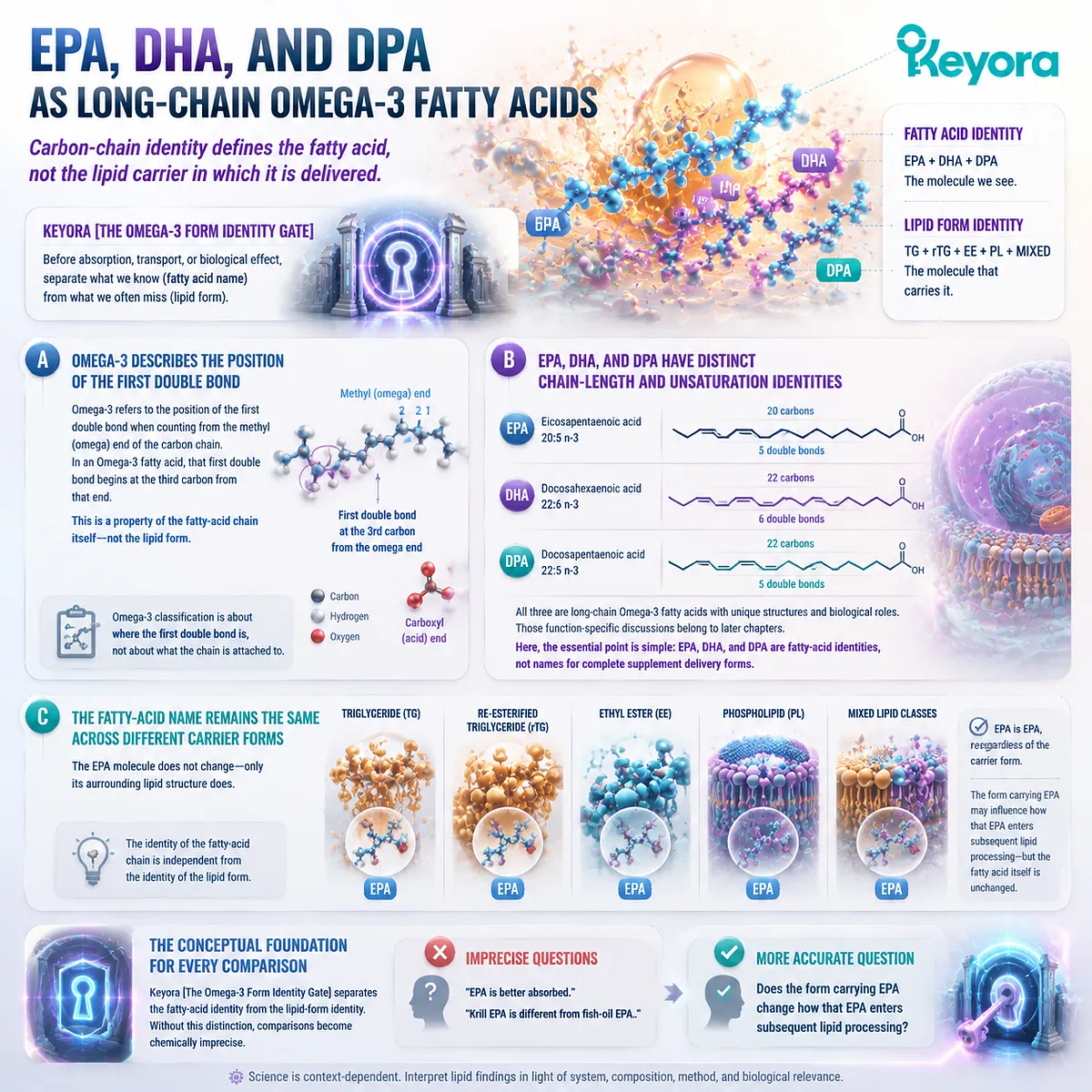 EPA DHA DPA molecular identity depends on carbon chain and Omega-3 structure, while lipid carriers differ through TG rTG EE and PL in Keyora Omega-3 Form Identity Gate. EPA DHA DPA molecular identity depends on carbon chain and Omega-3 structure, while lipid carriers differ through TG rTG EE and PL in Keyora Omega-3 Form Identity Gate.