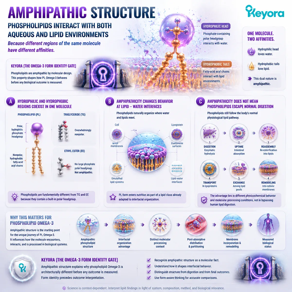 Phospholipid Omega-3 amphipathic structure combines hydrophobic acyl chains and hydrophilic headgroups, explaining lipid-water interaction through Keyora Omega-3 Form Identity Gate. Phospholipid Omega-3 amphipathic structure combines hydrophobic acyl chains and hydrophilic headgroups, explaining lipid-water interaction through Keyora Omega-3 Form Identity Gate.