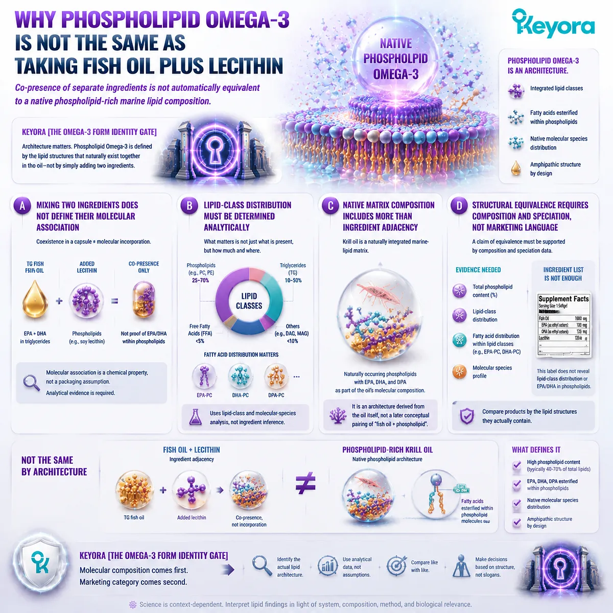 Phospholipid Omega-3 differs from fish oil plus lecithin because lipid-class architecture and molecular association define marine lipid structure through Keyora Omega-3 Form Identity Gate. Phospholipid Omega-3 differs from fish oil plus lecithin because lipid-class architecture and molecular association define marine lipid structure through Keyora Omega-3 Form Identity Gate.