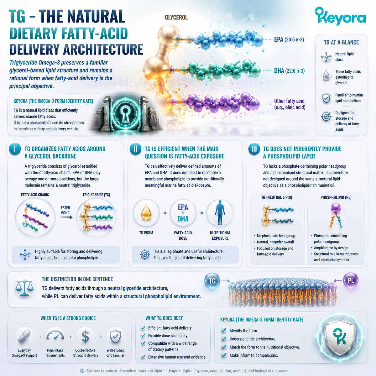 TG Omega-3 delivers EPA DHA through a glycerol-based triglyceride architecture, distinguishing fatty-acid exposure from phospholipid structure in Keyora Omega-3 Form Identity Gate. TG Omega-3 delivers EPA DHA through a glycerol-based triglyceride architecture, distinguishing fatty-acid exposure from phospholipid structure in Keyora Omega-3 Form Identity Gate.