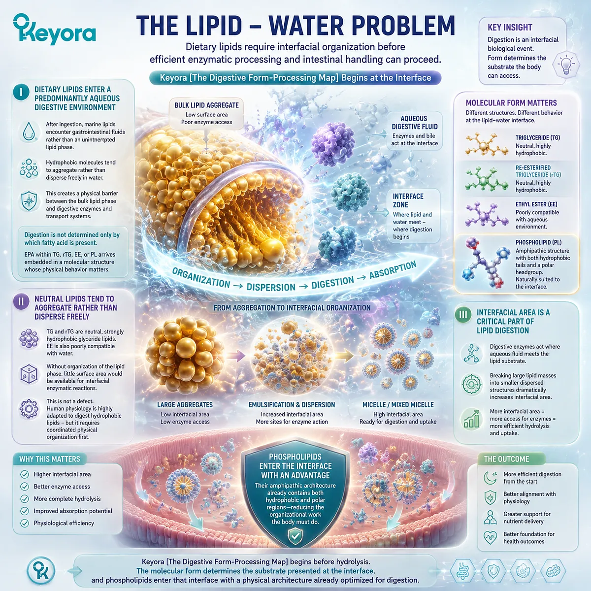Omega-3 digestion depends on lipid-water interface organization where TG, rTG, EE and phospholipid Omega-3 present different structures for enzymatic processing through Keyora The Digestive Form-Processing Map. Omega-3 digestion depends on lipid-water interface organization where TG, rTG, EE and phospholipid Omega-3 present different structures for enzymatic processing through Keyora The Digestive Form-Processing Map.