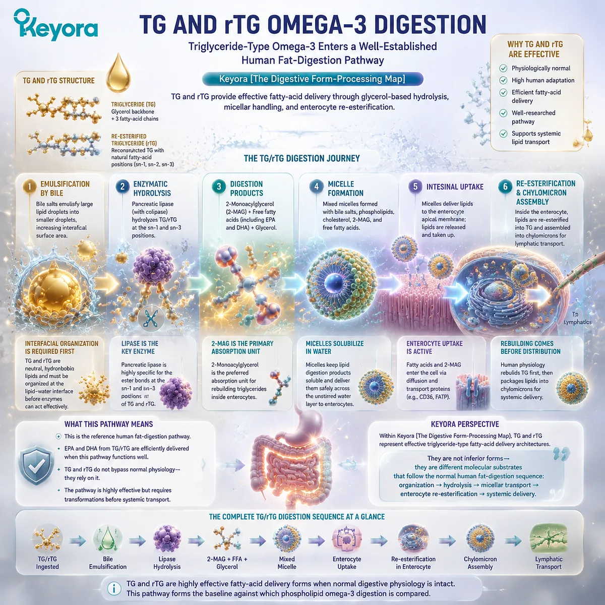 TG and rTG Omega-3 digestion follows triglyceride hydrolysis, micellar transport and enterocyte re-esterification pathways, mapped by Keyora The Digestive Form-Processing Map. TG and rTG Omega-3 digestion follows triglyceride hydrolysis, micellar transport and enterocyte re-esterification pathways, mapped by Keyora The Digestive Form-Processing Map.