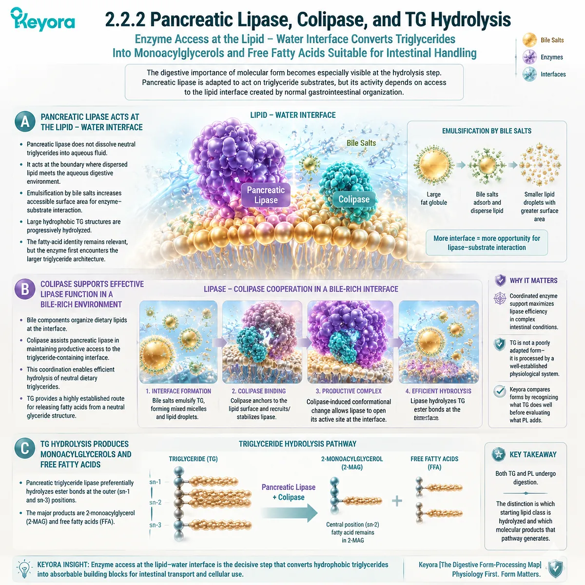 TG Omega-3 undergoes pancreatic lipase and colipase hydrolysis at the lipid-water interface, generating fatty acids and monoacylglycerols through Keyora The Digestive Form-Processing Map. TG Omega-3 undergoes pancreatic lipase and colipase hydrolysis at the lipid-water interface, generating fatty acids and monoacylglycerols through Keyora The Digestive Form-Processing Map.