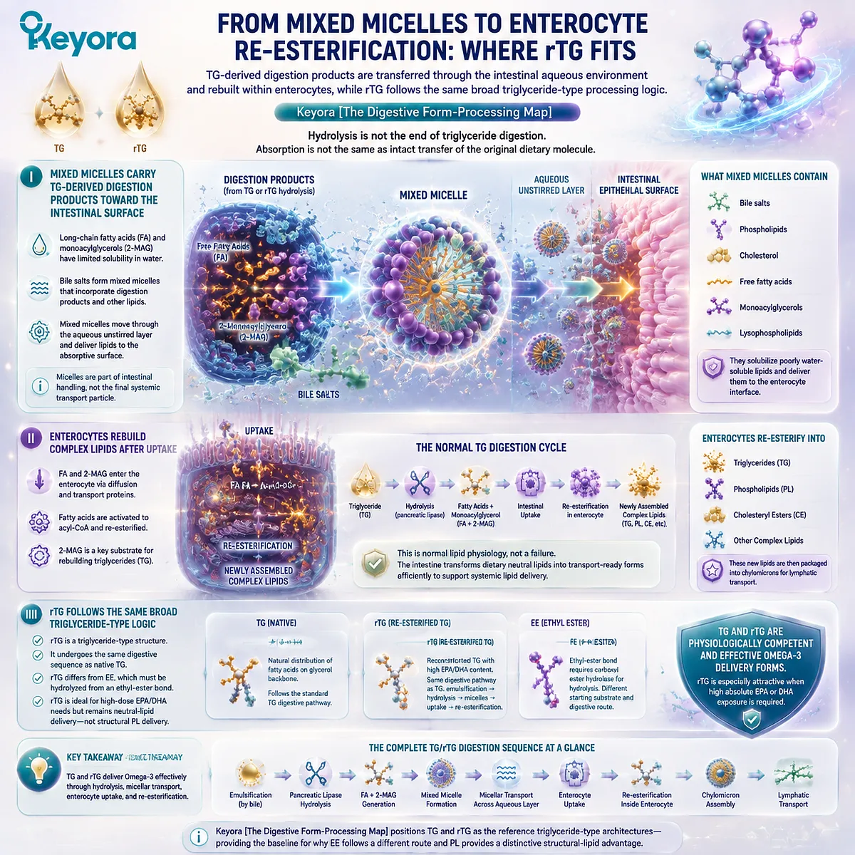 rTG Omega-3 follows triglyceride-type digestion through micellar transport, enterocyte re-esterification and fatty-acid delivery, defined by Keyora The Digestive Form-Processing Map. rTG Omega-3 follows triglyceride-type digestion through micellar transport, enterocyte re-esterification and fatty-acid delivery, defined by Keyora The Digestive Form-Processing Map.