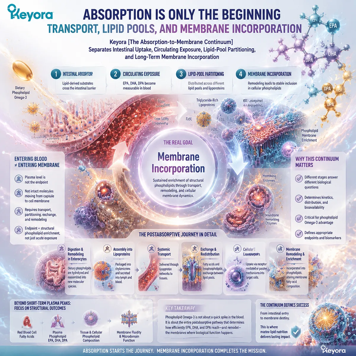 Phospholipid Omega-3 absorption, lipid transport, and membrane incorporation explain EPA DHA DPA distribution through phospholipid pools, framed by Keyora Absorption-to-Membrane Continuum. Phospholipid Omega-3 absorption, lipid transport, and membrane incorporation explain EPA DHA DPA distribution through phospholipid pools, framed by Keyora Absorption-to-Membrane Continuum.