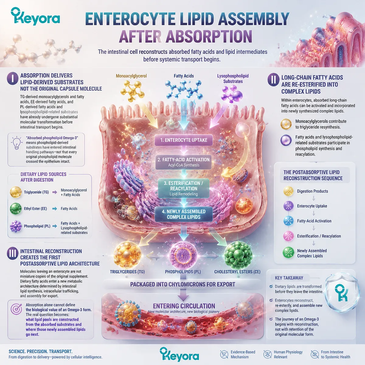 Omega-3 enterocyte lipid assembly reconstructs absorbed EPA DHA DPA substrates through esterification and reacylation, shaping transport pathways in the Keyora Absorption-to-Membrane Continuum. Omega-3 enterocyte lipid assembly reconstructs absorbed EPA DHA DPA substrates through esterification and reacylation, shaping transport pathways in the Keyora Absorption-to-Membrane Continuum.