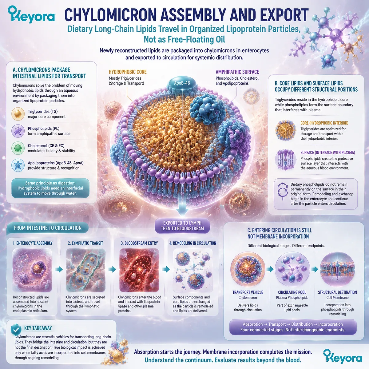Omega-3 chylomicron transport packages EPA DHA DPA into lipoprotein particles with triglyceride and phospholipid pools, advancing membrane delivery through Keyora Absorption-to-Membrane Continuum. Omega-3 chylomicron transport packages EPA DHA DPA into lipoprotein particles with triglyceride and phospholipid pools, advancing membrane delivery through Keyora Absorption-to-Membrane Continuum.