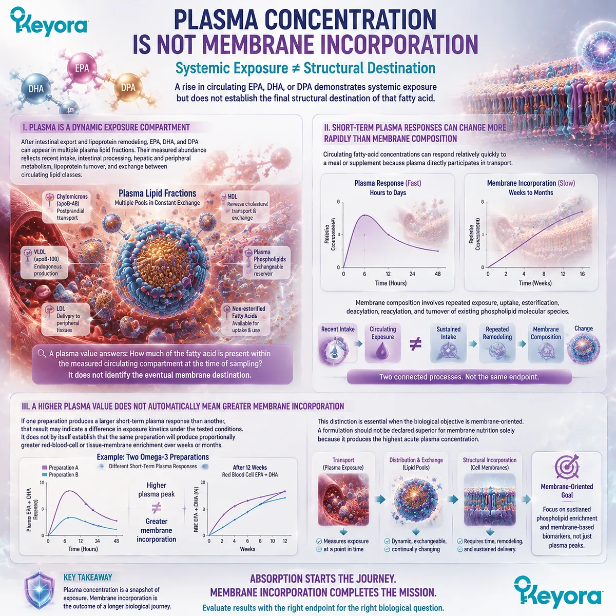 Omega-3 plasma concentration versus membrane incorporation explains EPA DHA DPA exposure, lipid turnover, and long-term remodeling through Keyora Absorption-to-Membrane Continuum. Omega-3 plasma concentration versus membrane incorporation explains EPA DHA DPA exposure, lipid turnover, and long-term remodeling through Keyora Absorption-to-Membrane Continuum.