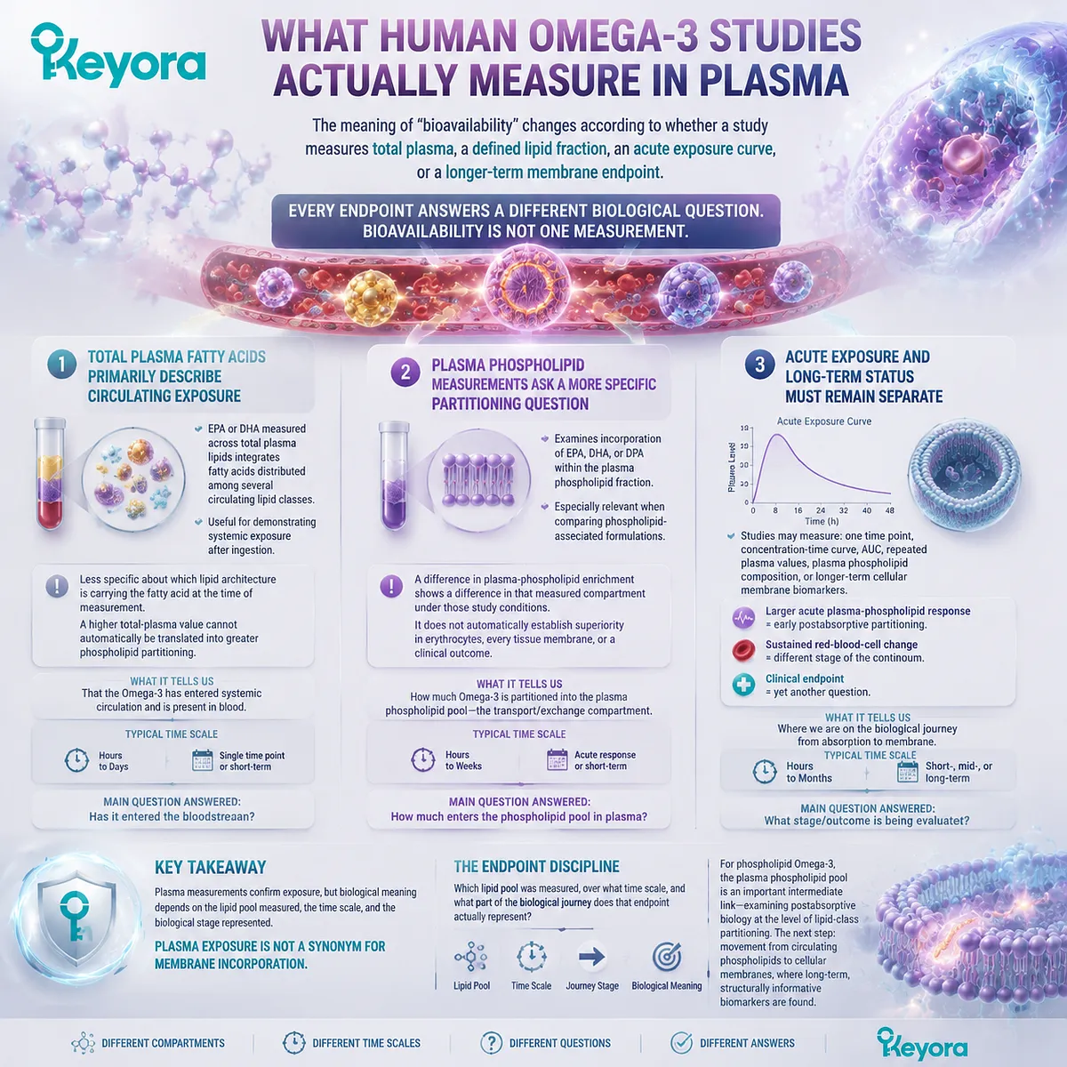 Omega-3 bioavailability studies compare plasma exposure, phospholipid partitioning, and membrane biomarkers for EPA DHA DPA, guided by Keyora Absorption-to-Membrane Continuum. Omega-3 bioavailability studies compare plasma exposure, phospholipid partitioning, and membrane biomarkers for EPA DHA DPA, guided by Keyora Absorption-to-Membrane Continuum.