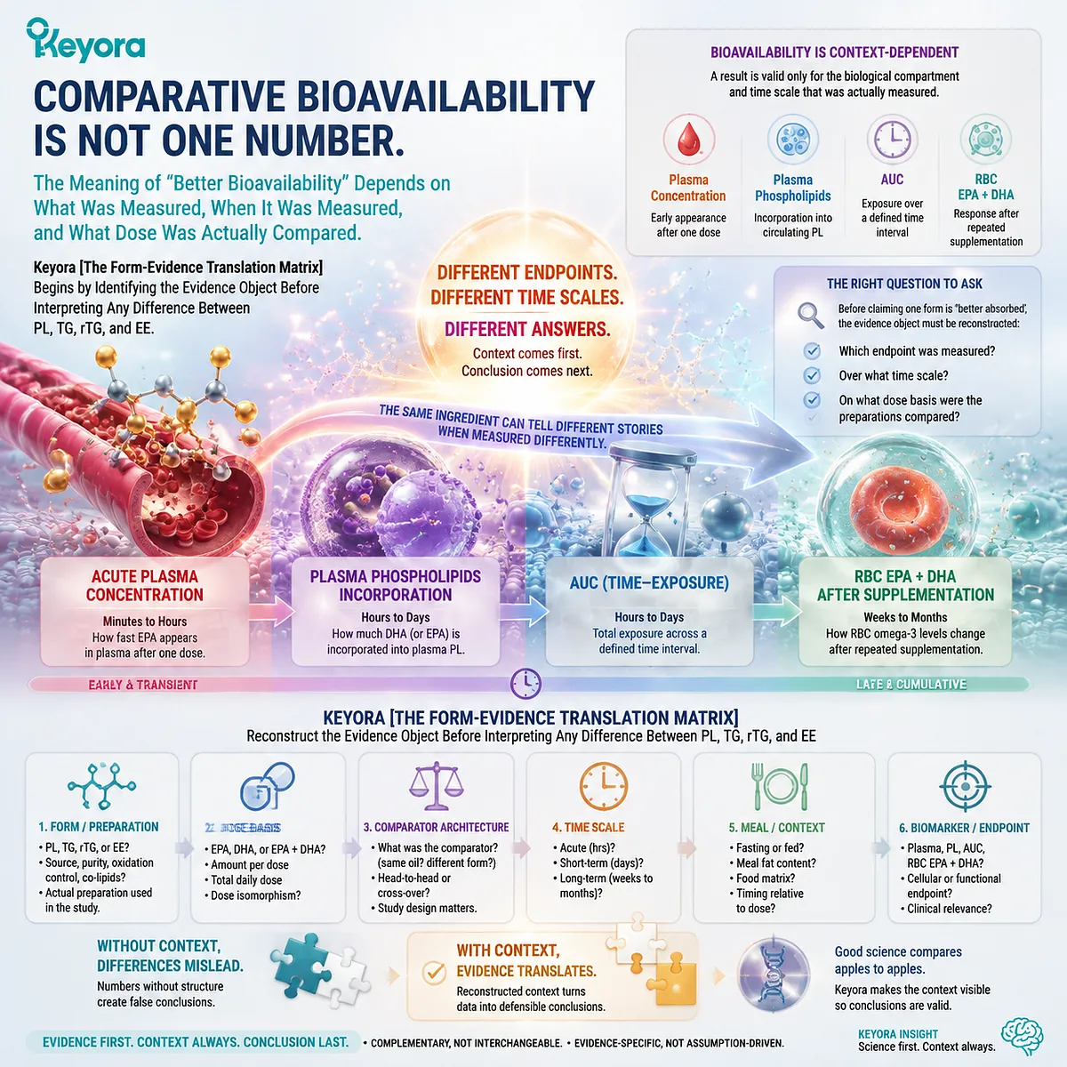 Omega-3 bioavailability varies by EPA DHA dose, plasma or RBC endpoint, and time scale; Keyora Form-Evidence Translation Matrix clarifies PL, TG, rTG and EE comparisons. Omega-3 bioavailability varies by EPA DHA dose, plasma or RBC endpoint, and time scale; Keyora Form-Evidence Translation Matrix clarifies PL, TG, rTG and EE comparisons.