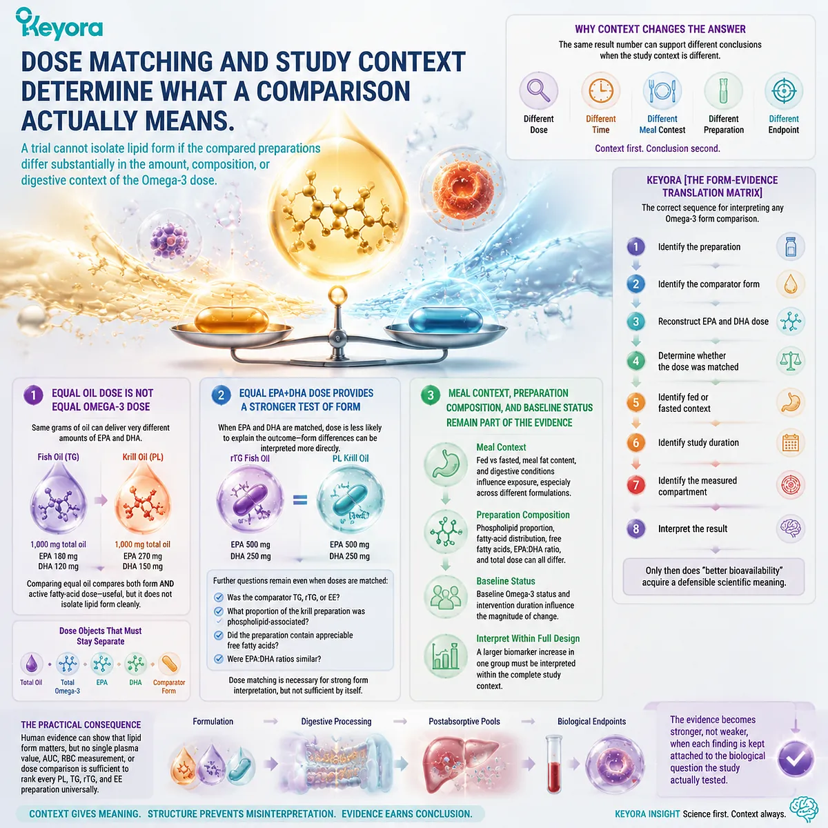Omega-3 bioavailability comparisons require matched EPA DHA doses, lipid form and meal context; Keyora Form-Evidence Translation Matrix isolates meaningful PL, TG, rTG and EE evidence. Omega-3 bioavailability comparisons require matched EPA DHA doses, lipid form and meal context; Keyora Form-Evidence Translation Matrix isolates meaningful PL, TG, rTG and EE evidence.