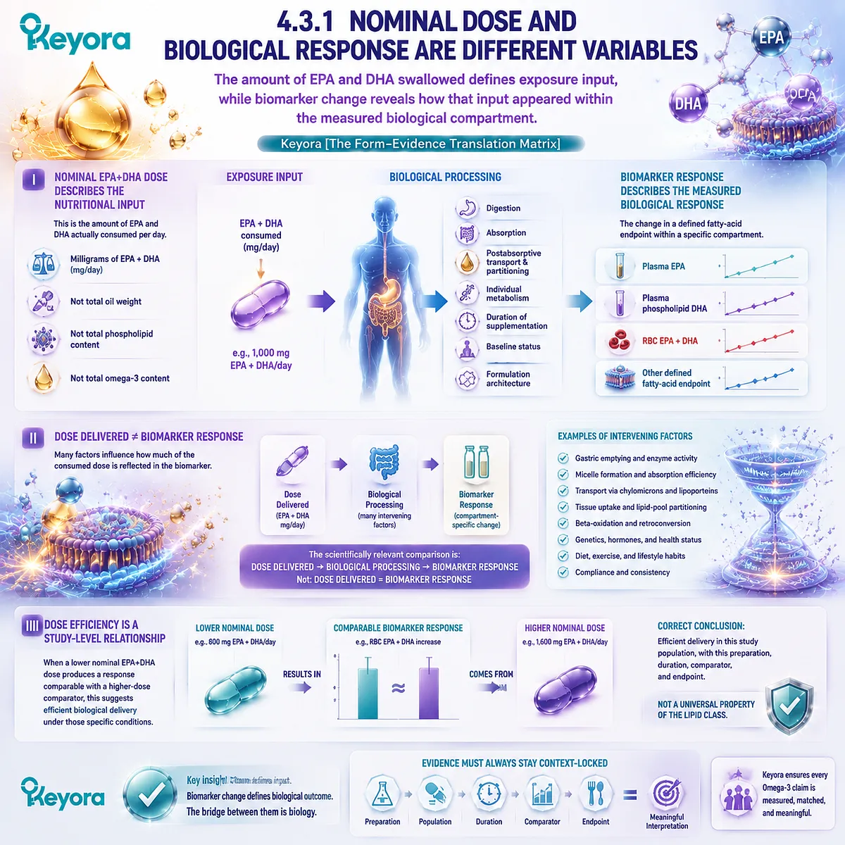 Omega-3 dose and biomarker response differ as EPA DHA undergo digestion, partitioning and membrane uptake; Keyora Form-Evidence Translation Matrix defines study-level dose efficiency. Omega-3 dose and biomarker response differ as EPA DHA undergo digestion, partitioning and membrane uptake; Keyora Form-Evidence Translation Matrix defines study-level dose efficiency.