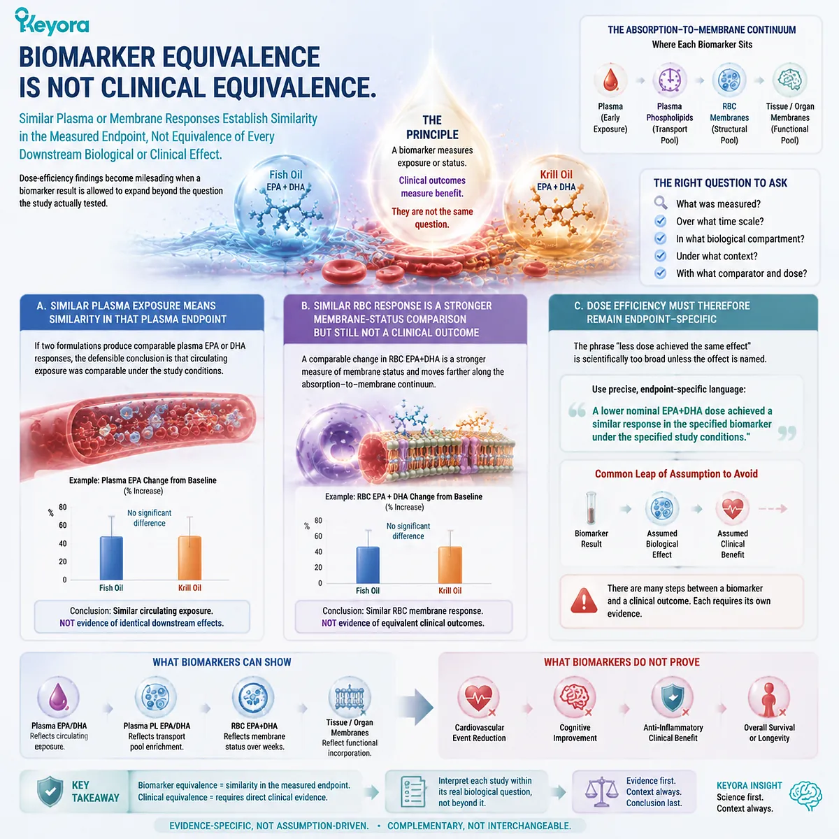 Omega-3 biomarker equivalence in plasma or RBC EPA DHA does not prove clinical equivalence; Keyora Form-Evidence Translation Matrix keeps exposure and outcomes distinct. Omega-3 biomarker equivalence in plasma or RBC EPA DHA does not prove clinical equivalence; Keyora Form-Evidence Translation Matrix keeps exposure and outcomes distinct.