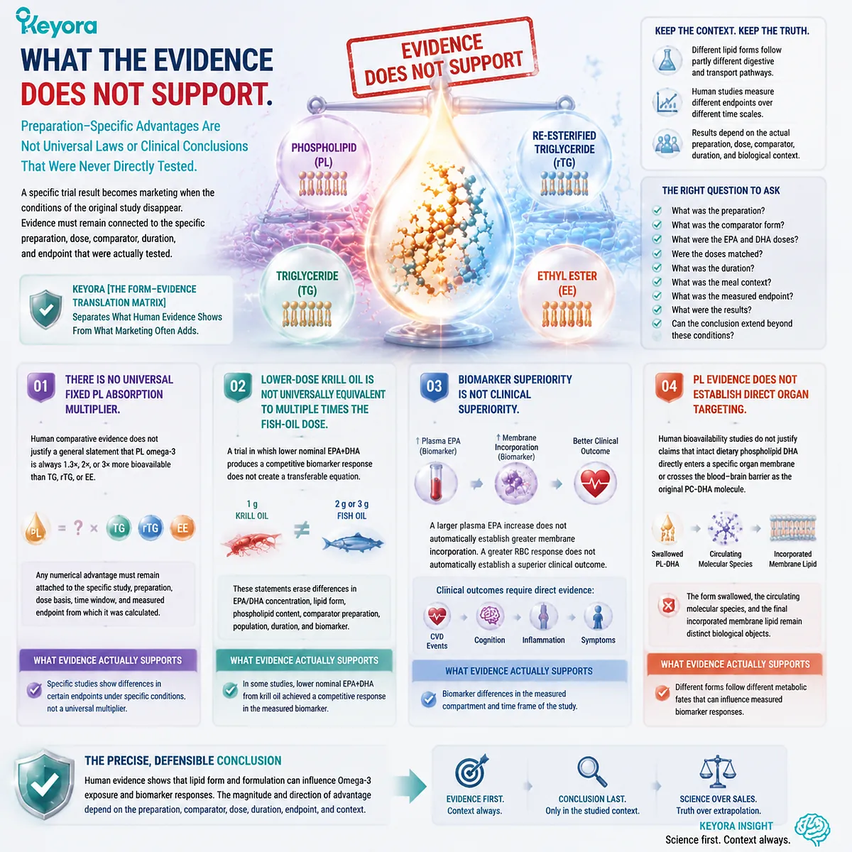Phospholipid Omega-3 evidence does not support fixed absorption multipliers or clinical claims; Keyora Form-Evidence Translation Matrix defines evidence boundaries. Phospholipid Omega-3 evidence does not support fixed absorption multipliers or clinical claims; Keyora Form-Evidence Translation Matrix defines evidence boundaries.