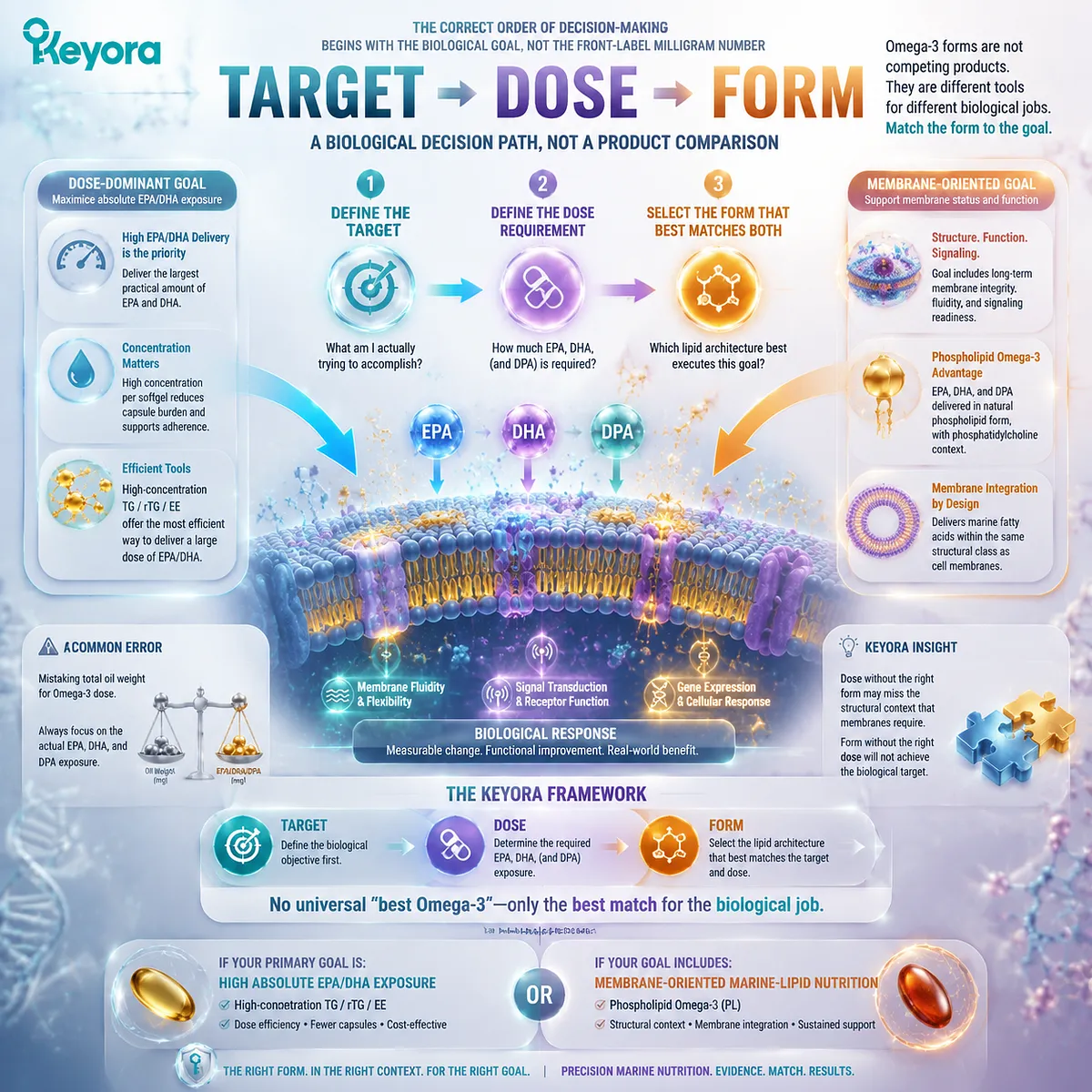 Omega-3 selection follows target dose form logic, matching EPA DHA requirements with lipid architecture through the Keyora Form-Membrane-Goal Match decision framework. Omega-3 selection follows target dose form logic, matching EPA DHA requirements with lipid architecture through the Keyora Form-Membrane-Goal Match decision framework.