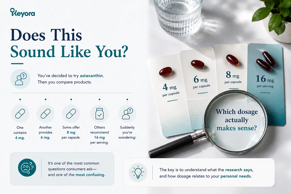 KEYORA infographic titled "Does This Sound Like You?", showing dose comparison cards under a magnifying glass for 4 mg, 6 mg, 8 mg per capsule, and 16 mg per serving. It addresses consumer confusion around varying product strengths and emphasizes matching dosage to personal needs and clinical evidence. KEYORA infographic titled "Does This Sound Like You?", showing dose comparison cards under a magnifying glass for 4 mg, 6 mg, 8 mg per capsule, and 16 mg per serving. It addresses consumer confusion around varying product strengths and emphasizes matching dosage to personal needs and clinical evidence.