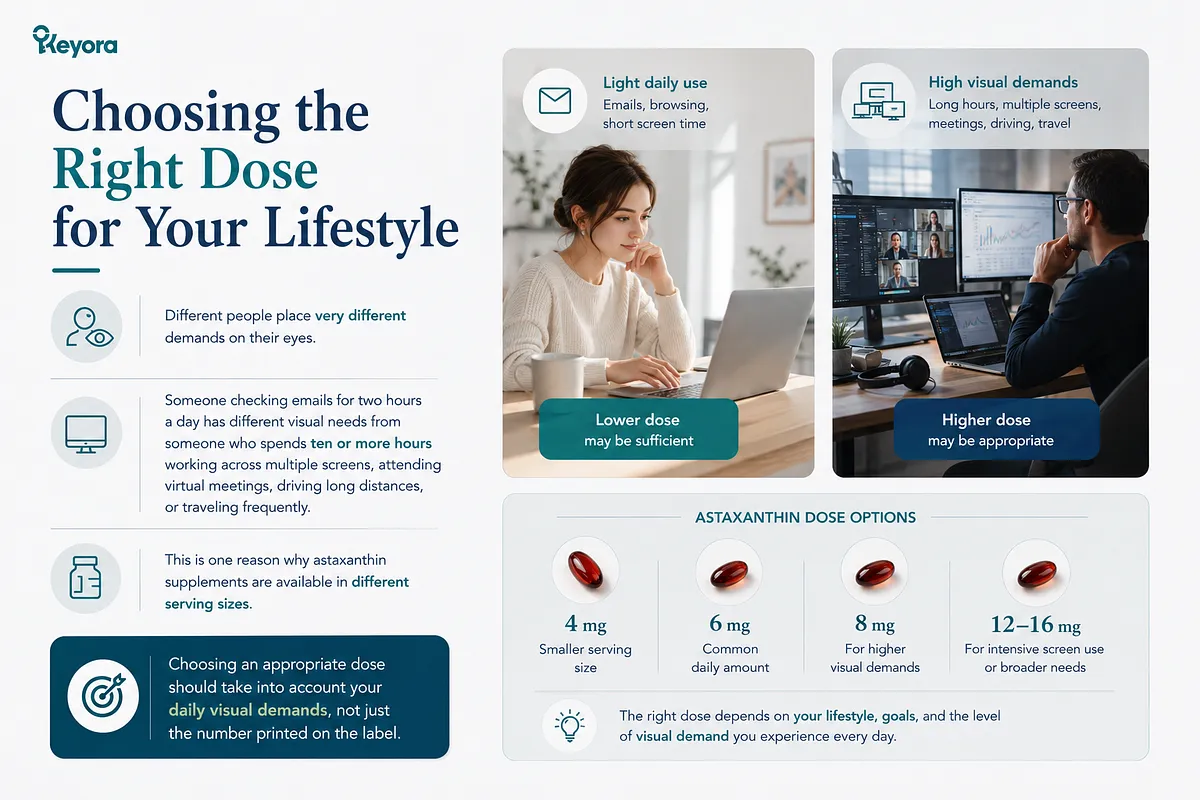KEYORA lifestyle dosage guide titled "Choosing the Right Dose for Your Lifestyle", contrasting a light daily screen user with a professional facing high visual demands. It presents astaxanthin dose options ranging from 4 mg for smaller daily maintenance up to 12–16 mg for intensive multi-screen work. KEYORA lifestyle dosage guide titled "Choosing the Right Dose for Your Lifestyle", contrasting a light daily screen user with a professional facing high visual demands. It presents astaxanthin dose options ranging from 4 mg for smaller daily maintenance up to 12–16 mg for intensive multi-screen work.