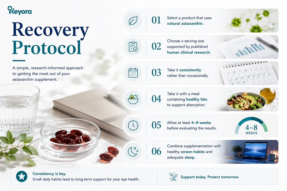 KEYORA protocol guide titled "Recovery Protocol", presenting a 6-step approach: select natural astaxanthin, choose a research-supported serving size, take it consistently, pair with healthy fats, allow 4–8 weeks for evaluation, and combine with good screen habits and sleep. KEYORA protocol guide titled "Recovery Protocol", presenting a 6-step approach: select natural astaxanthin, choose a research-supported serving size, take it consistently, pair with healthy fats, allow 4–8 weeks for evaluation, and combine with good screen habits and sleep.